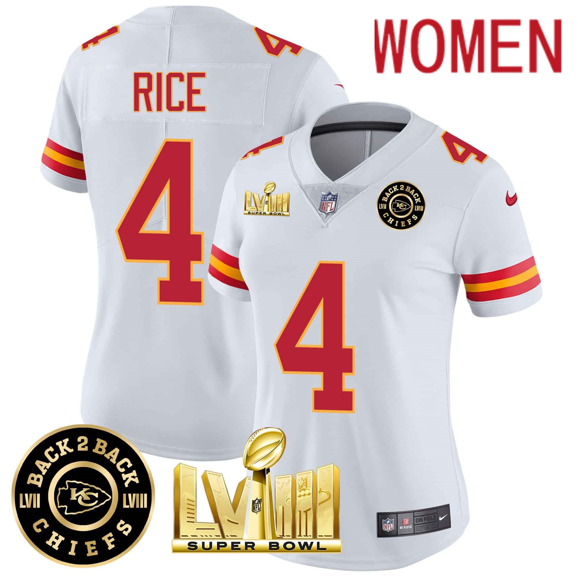 Women Kansas City Chiefs #4 Rice White 2024 Nike Super Bowl LVIII & Back-2-Back Patch Vapor NFL Jersey->women nfl jersey->Women Jersey